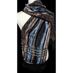 Vintage Brown And Blue Geometric Burnt Velvet Scarf